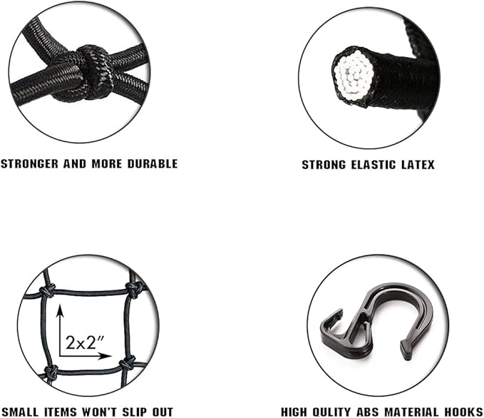 15"x15" Motorcycle Cargo Net Stretches to 30"x30" with 6 Hooks 2''x2'' Mesh for Motorcycle Motorbike Bikes