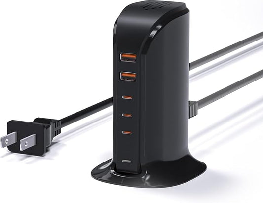 Charging Station for Multiple Devices: 5 USB Ports Wall Charger Block with Extension Cord, PD 20W Fast Charging Hub Charger Tower for iPhone iPad Tablets Smartphones, Home Office Use (Black)