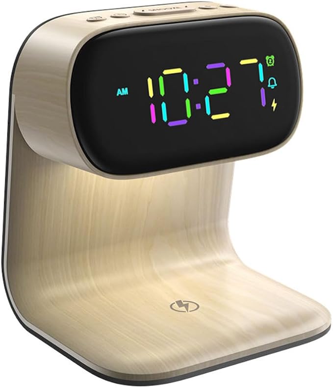 AYI 3in1 Large Color Screen Wireless Charging Station with Alarm Clock & Night Light 15W Fast Charger for Phone & Earbuds 7-Color LED Display Dual Alarm 3Level Dimmable Touch Lamp Wood A40