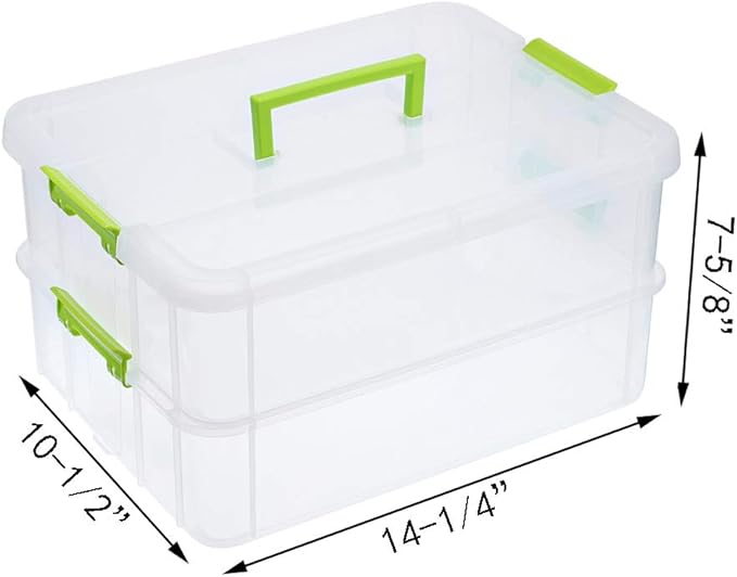 JUXYES 2-Tiers Stack Carry Storage Box With Handle, Transparent Stackable Storage Bin With Handle Lid Latching Storage Container for School & Office Supplies (Green)