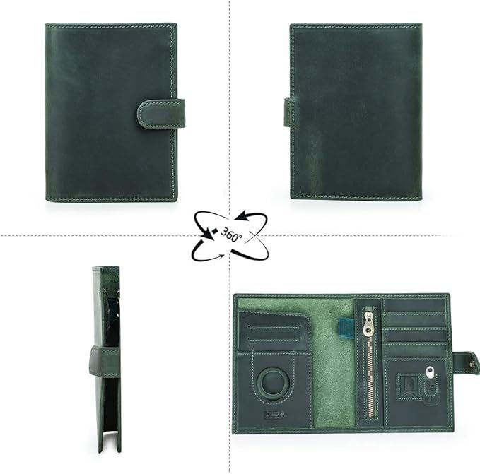 CONTACTS Full Grain Leather Passport Holder Compatible with Airtag Slot RFID Blocking Passport Wallet Travel Slim Passport Cover with SIM Card Removal Tool (Green)