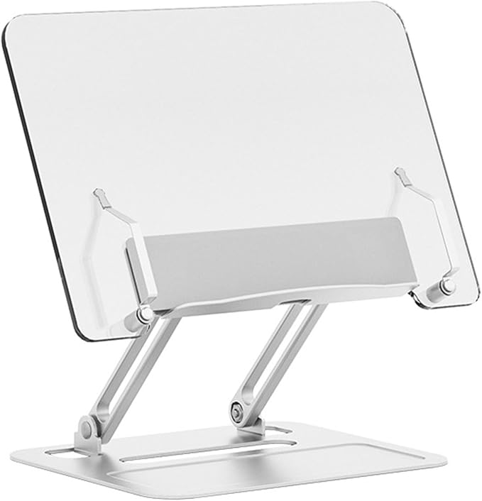 Adjustable Desktop Book Stand, Aluminum Reading Document Holder with Foldable Base, Book Holder, Foldable Desktop Riser for Laptop, Recipe, Textbook (Silver)