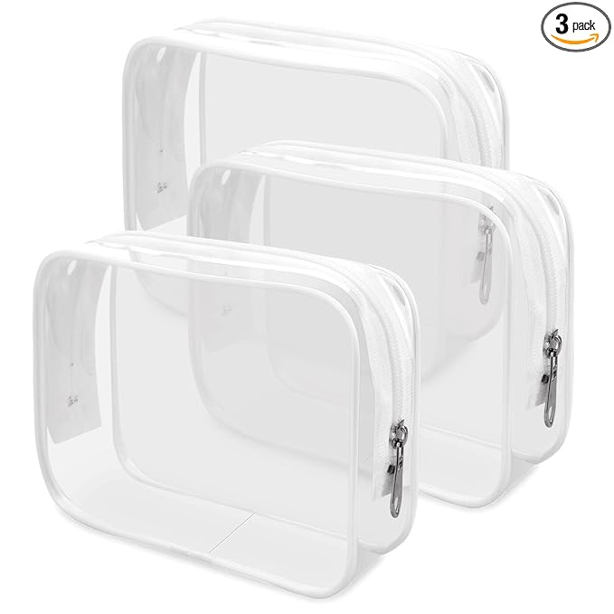 Wedama TSA Approved Toiletry Bag, Cosmetic Bags 3 Pack with Zipper Carry on Airline Airport Travel Accessories, PVC Makeup Bags for Travel, Quart Size Travel Bags for Men and Women-White