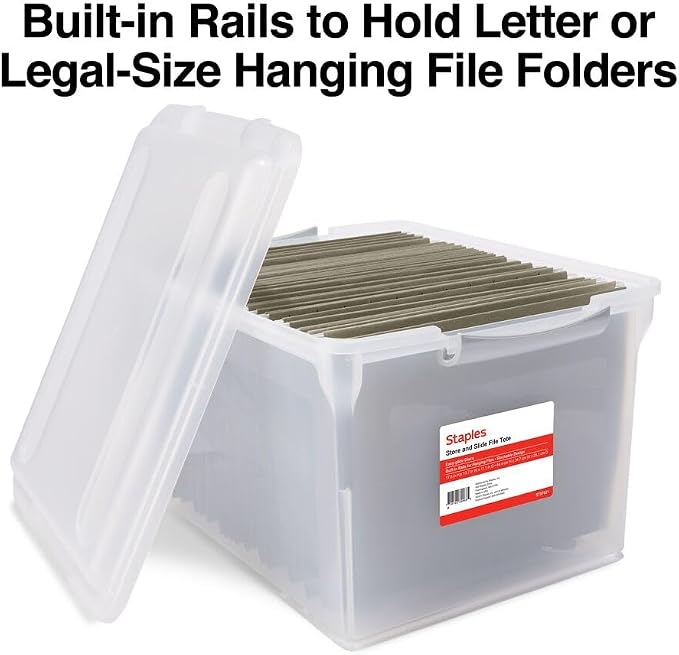 STAPLES Store & Slide Plastic File Box Latching, Letter/Legal Size, Clear, 4/Carton