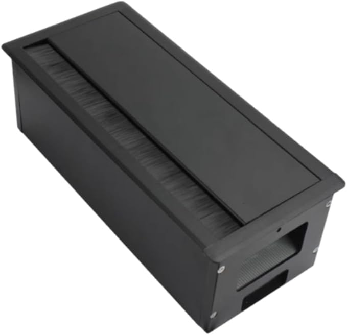 Desk Threading Box Aluminum Alloy Rectangular Wire Organizer with Cable Hole Cover Cord Grommet Storage Box Space Saving Cushioning Structure, Black