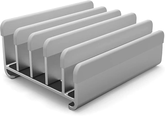 Elestoria 5- Slot Vertical Laptop Stand - Aluminum Laptop Stand Vertical for Desk - Adjustable Width (12-38mm) Fits MacBook Pro/Air, Surface & Gaming Laptops Upto 17.3 (Grey)