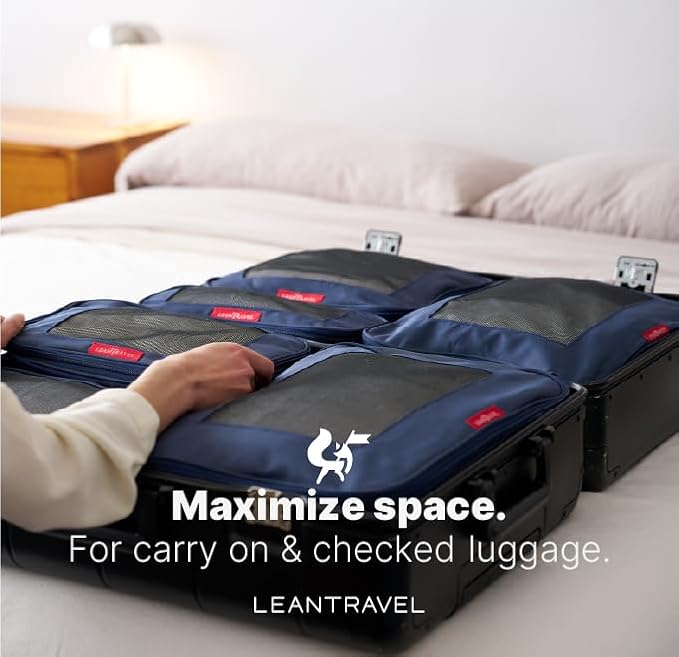 LeanTravel Premium Compression Packing Cubes for Travel - Suitcase Organizer Bags with Double Zipper & Breathable Mesh Panel - Space Saving Carry On Luggage Essentials (6-Pack, Navy Blue)