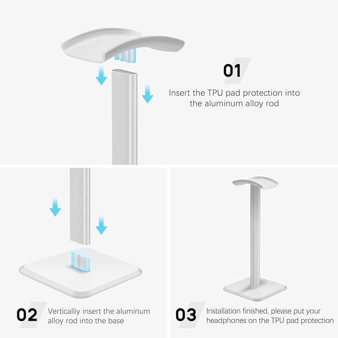 JIKIOU Headphone Stand Gaming Headset Holder Universal Aluminum Metal Headphones Holder Hanger with Aluminum Supporting Bar Flexible Headrest ABS Solid Base for All Headphone 2 Pack (White)