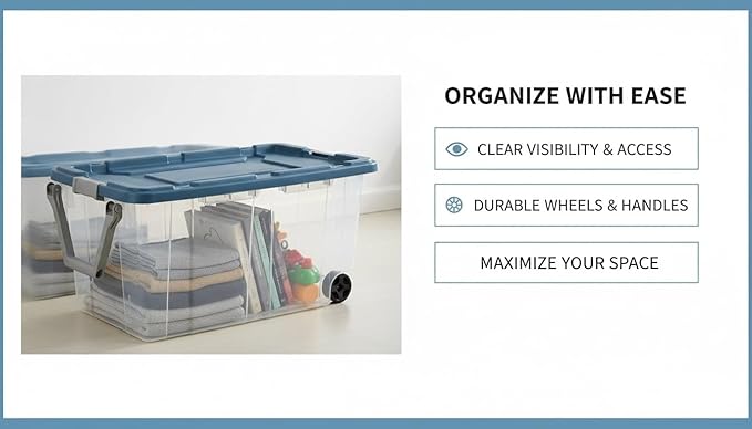 160 Quart Extra Large Clear Rolling Storage Bins 2-Pack, Blue Heavy-Duty Plastic with Locking Leakproof Lid, for Garage Basement Seasonal Storage & Transport