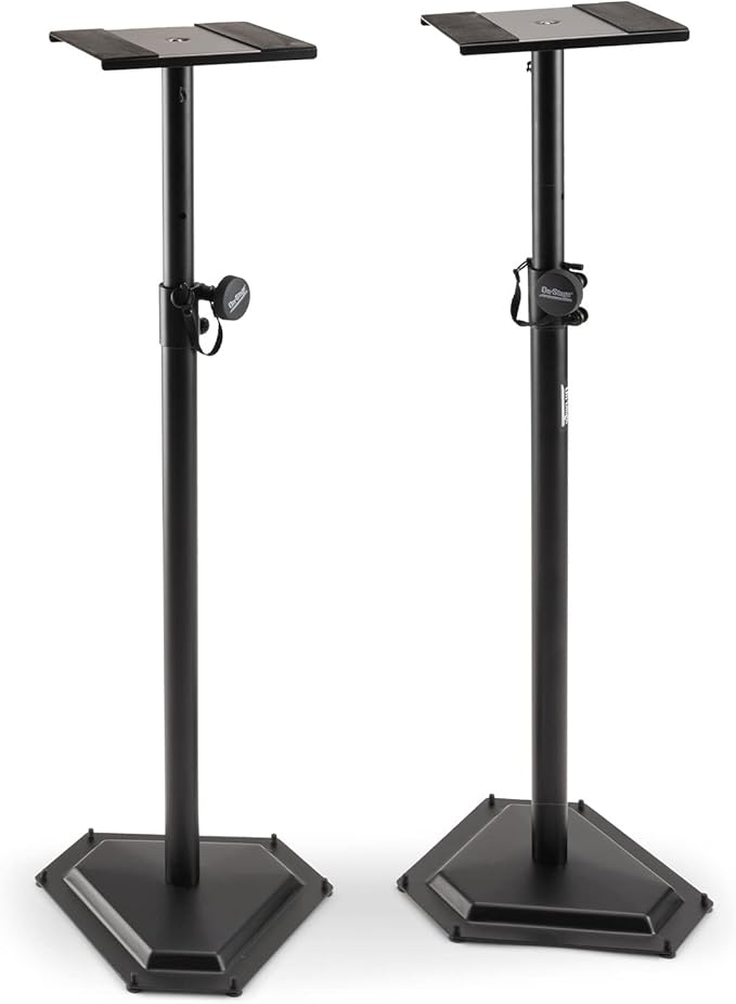 On-Stage SMS6600-P Hex-Base Monitor Stands Pair(Height-Adjustable Pedestal Studio Speaker Stands, Locking Pin, Hexagonal Base, Steel Construction, Nonslip Rubber Feet, Optional Floor Spikes, Black)