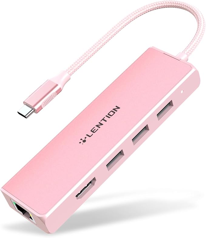 LENTION USB C Hub with Gigabit Ethernet Adapter, 4K HDMI, 3 USB 3.0 Port for MacBook Pro, New Mac Air, Surface, Chromebook, More, Stable Driver Certified (CB-C25, Rose Gold)