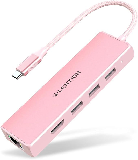 LENTION USB C Hub with Gigabit Ethernet Adapter, 4K HDMI, 3 USB 3.0 Port for MacBook Pro, New Mac Air, Surface, Chromebook, More, Stable Driver Certified (CB-C25, Rose Gold)