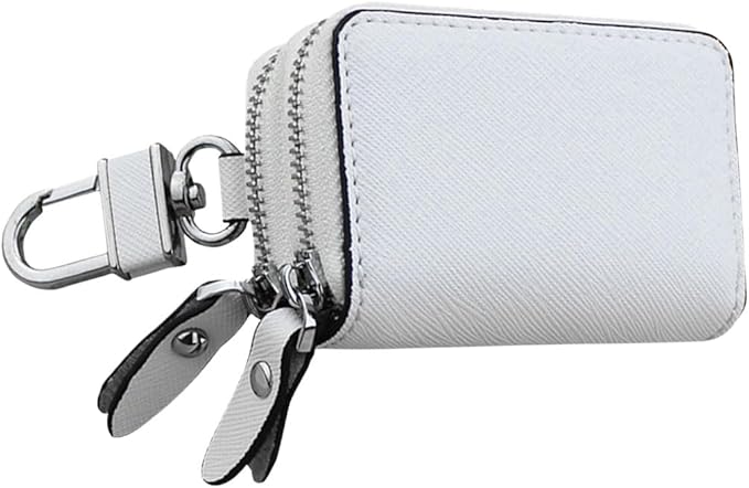 BDZMC Car Key Case, Genuine Leather Car Keychain Holder, 2 Sides Pocket Car Key Fob Zipper Bag, Car Key Case for Women Men(White)