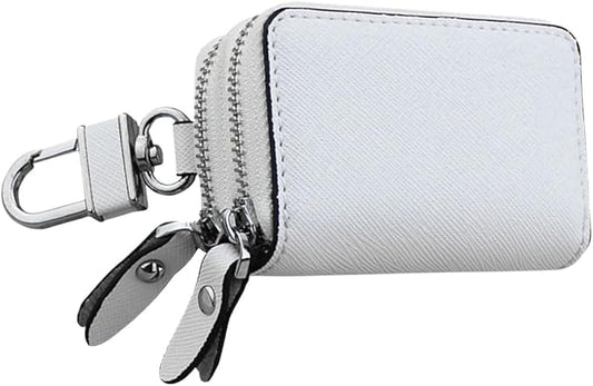 BDZMC Car Key Case, Genuine Leather Car Keychain Holder, 2 Sides Pocket Car Key Fob Zipper Bag, Car Key Case for Women Men(White)