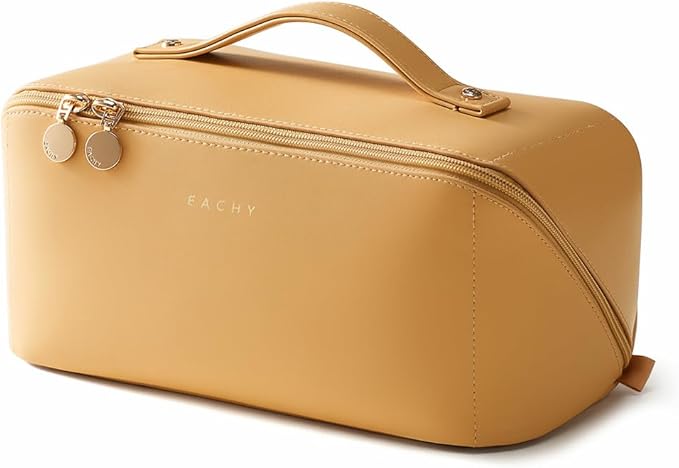 EACHY Travel Makeup Bag, Large Capacity Cosmetic Bag for Women, Waterproof PU Leather, Flat Open Portable Toiletry Bag for Skincare, Brushes & Travel Essentials