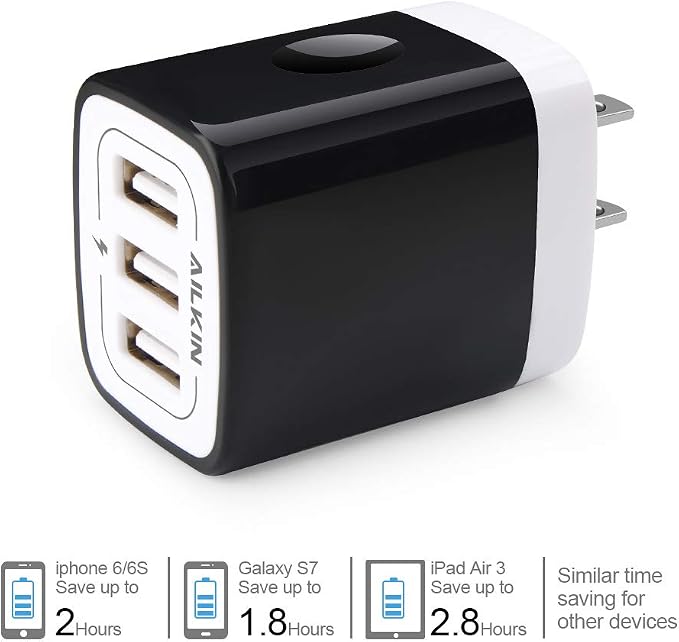 Wall Charger Plug, USB Plug Wall Outlet, 3 MultiPort Charger Station Cube | USBA Box Charger Outlet Base Brick Block Replacement for iPhone, iPad, and iWatch Charger Plug (Black)