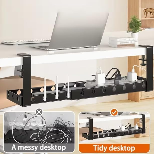 Extendable Under Desk Cable Management Tray, 17"-28.7" Clamp On Cord Organizer, No Drilling Metal Cable Management Holds Up to 11 lbs, Desk Storage for Office and Gaming Accessories