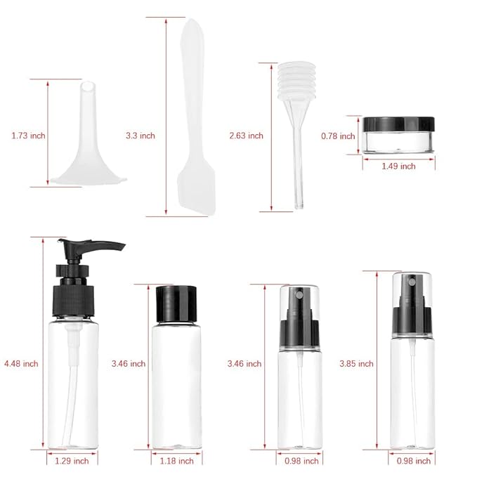 Vitog Travel Bottles Kit, TSA Approved Leak Proof Portable Toiletry Containers Set, Clear flight size PET Cosmetic Containers for Lotion, Shampoo, Cream, Soap, Set of 11 (Black+Plastic)