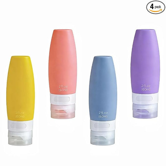 4 PCS Silicone Travel Bottles, 2oz Refillable Toiletries Containers Set, Small Empty Travel Size Bottles for Shampoo, Lotion, Shower Gel (Bright)