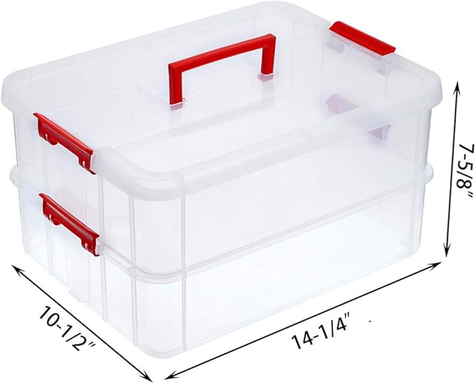 JUXYES 2-Tiers Stack Carry Storage Box With Handle, Transparent Stackable Storage Bin With Handle Lid Latching Storage Container for School & Office Supplies (Red)