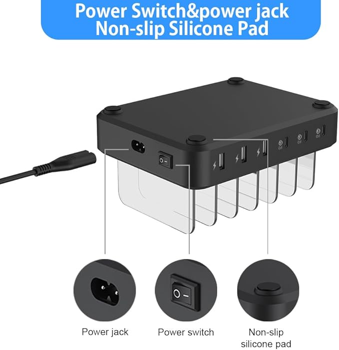 Charging Station for Multiple Devices, 110W 6 Port USB-C Fast Charger Station Dock for iPad iPhone Android Cell Phone Tablet, Family Multi-Device Organizer (6 Short Cables Included)