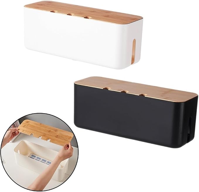 Wooden Lid Wire Storage Box for Cable Management, ABS Plastic Junction Box Organizer with Heat Dissipation Ports for Power Strips and Cords, Home Office Desk Tidy(white)