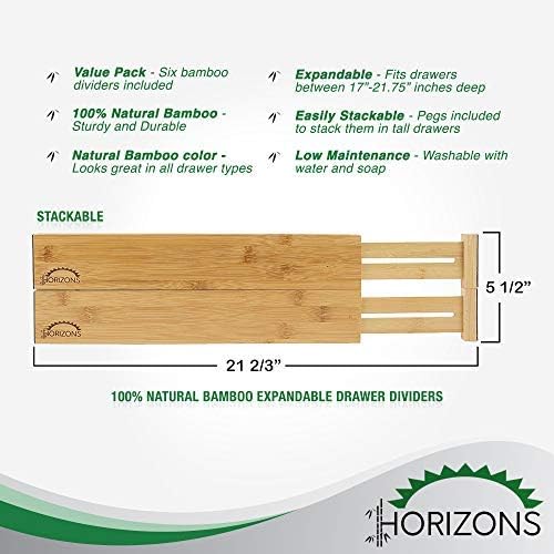Bamboo Drawer Dividers (Set of 6) - Kitchen Drawer Organizers - Spring Adjustable, Expandable & Stackable Deep Drawers Organizer - Best for Kitchen Utensils, Silverware, Desk, Clothes Dresser Divider
