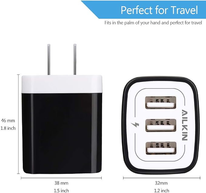 Wall Charger Plug, USB Plug Wall Outlet, 3 MultiPort Charger Station Cube | USBA Box Charger Outlet Base Brick Block Replacement for iPhone, iPad, and iWatch Charger Plug (Black)