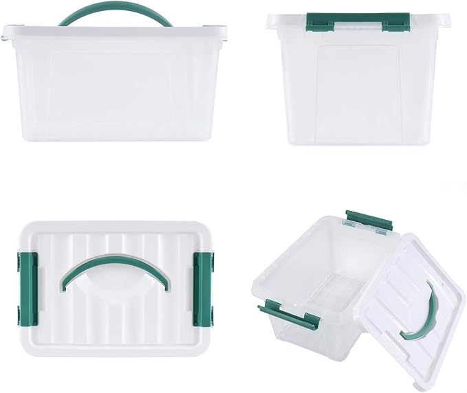 Eslite 6 Quart Plastic Stackable Storage Latch Bins,Clear Latching Box with Handle and Lid,Pack of 6 (Green Handle)