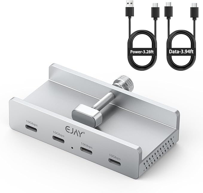 EJAY 10Gbps USB C Hub 4Ports Aluminum USB 3.2 Docking Hub Clamp Design for Desk/Computor with Extra Power Supply Port and 47inches Long Data Cable&39inches Power Cable (Silver)