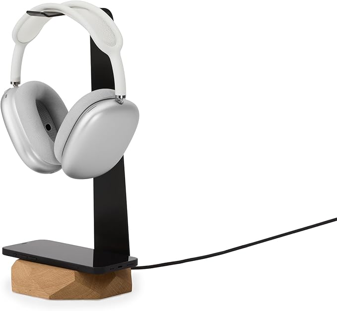 Oakywood 2-in-1 Wooden Headphone Stand with Wireless Charging - Wood Headphone Holder ??Stainless-Steel Base ??Handcrafted Headphones Stand for Desk - Qi-Compatible Wireless Charging ??Oak