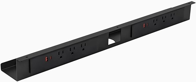 Desky Mini Cable Tray – Under Desk Wire Organizer with Mounting Screws, Compact Metal Cable Management Tray for Office Desks – Black, 8 Plug