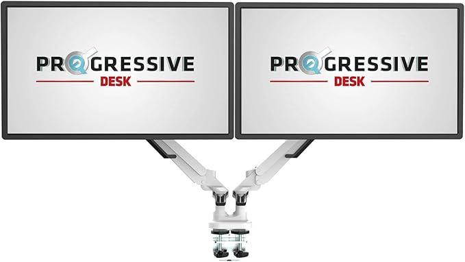 Progressive Desk Dual Monitor Arm - Gas Spring - Fits 17"-32" Monitors - 360° Rotation - Arm Holds Up to 40 lbs - VESA and Grommet Mount