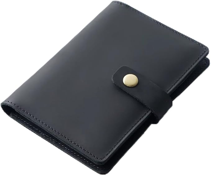 Genuine Full Grain Leather Passport Holder, Slim Bifold with Snap Button Closure, 5 Card Slots, Men's Travel Wallet (BLACK)