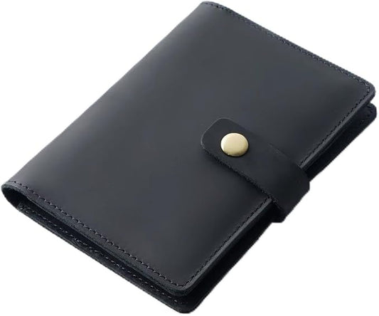 Genuine Full Grain Leather Passport Holder, Slim Bifold with Snap Button Closure, 5 Card Slots, Men's Travel Wallet (BLACK)