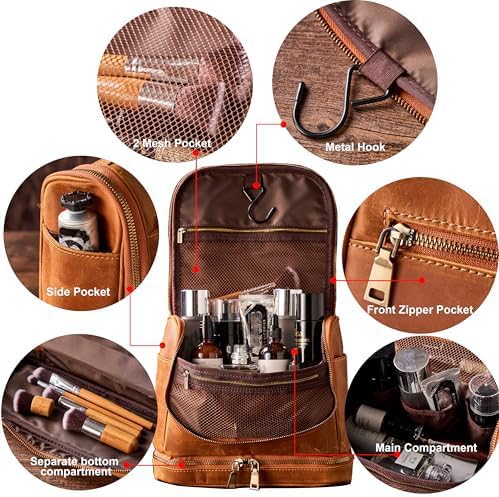 EURYNOME Travel Toiletry Bag For Men, Genuine Leather Shaving Dopp Kit Bottom Storage Holds More (11x8.6x4.7)-Mens Toiletry Bag -Leather Makeup Cosmetic Organizer Kit - Men Travel Toiletries Bag