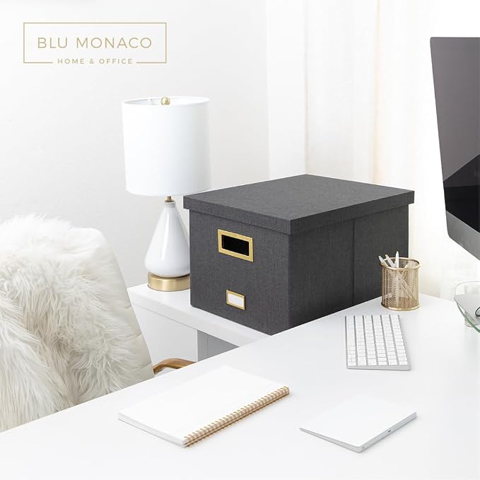 BLU MONACO | Desktop Hanging File Organizer Box with Lid | Hanging File Organizer for Desk in Grey Linen | File Bins with Lids for School and Office Storage