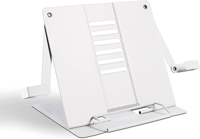 Metal Desk Book Stand for Reading with Adjustable Clips, Hands-Free Foldable Book Holder for Kids, Portable Document Stand for Desk, Display Stand for Recipes, Cookbooks, Tablets - White