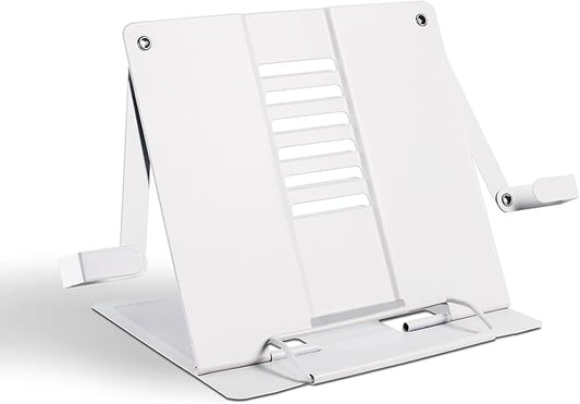 Metal Desk Book Stand for Reading with Adjustable Clips, Hands-Free Foldable Book Holder for Kids, Portable Document Stand for Desk, Display Stand for Recipes, Cookbooks, Tablets - White