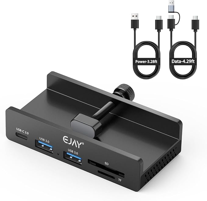 EJAY 5Ports USB3.0 HUB Alu Splitter Desktop Docking with Card Reader for Desk/Monitor Clipping with Extra Power Supply Port,59inches Data & 39inches Power Cable-5Gbps(Black)