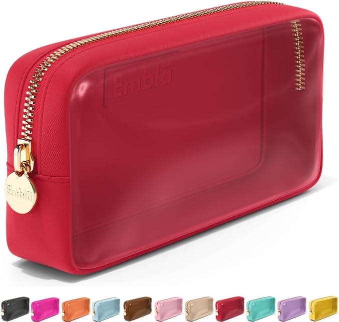 Embla Clear Cosmetic Bag Makeup Case, Clear Zipper Make Up Pouch and Toiletry Travel Tote, Cute Skincare Pouches for Women Girls, Preppy Purse Cosmetic Organizer, Small Makeup Bags, Ruby Red