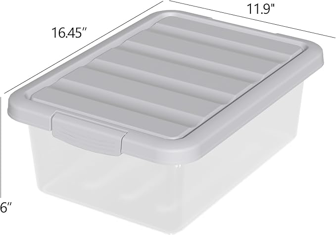 14 Quart Plastic Clear Storage Bin, Stackable Latching Box with Grey Lid, 2 Packs