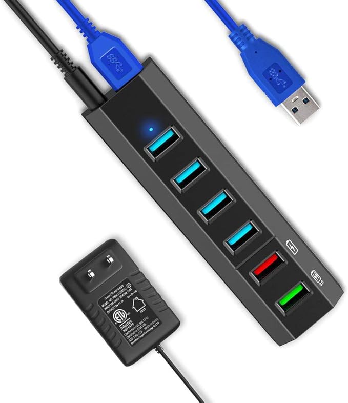 USB Hub, Aiibe 6 Ports Super High Speed USB 3.0 Hub Splitter + 24W Power Adapter + USB 3.0 Cable, Black Smart Fast Charger Powered USB Hub for Laptop, Mac, PC, Mobile HDD, Mulitple Devices
