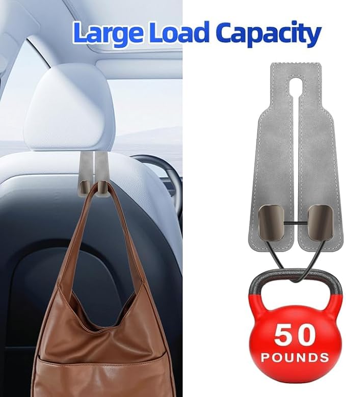 2 Pack Car Hooks for Headrest, Double Car Seat Headrest Hooks, Car Seat Back Storage Hook for Purses and Bags, Leather Purse Hook for Car, Car Bag Hooks Gray