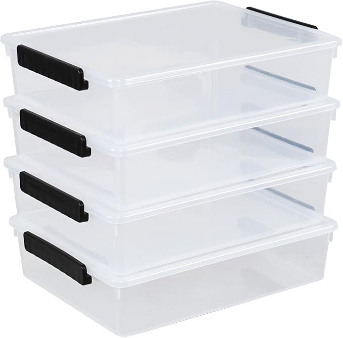 4 Pack A4 Plastic File Box, Clear Flat Stackable Box with Lids | Letter-size documents organizer container, easy viewing, latch clips.