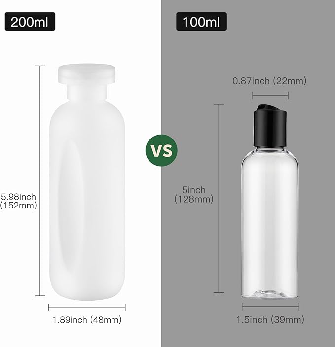 Empty Shampoo Bottles 6.7oz - Large Size Refillable Plastic Liquids Toiletry Containers - Empty Leak Proof Lotion Toiletries Dispenser - Clear Flip Cap Top Body Wash and Cosmetic Set 4 Pack