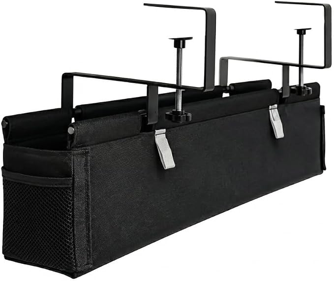 Under Desk Cable Management Tray, 28", Black Standing Under Cable | No Drill, Fabric Cord Organizer with Reinforced Base, Clamp Mount Wire Management, For Office/Home & Standing Desk