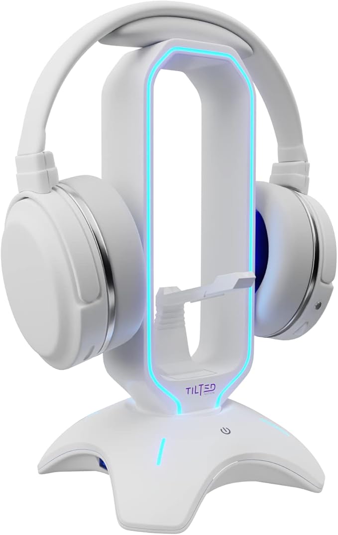 Tilted Nation Gaming Headphone Stand | RGB Headset Stand White | Headset Holder for Desk with Mouse Bungee and USB Hub | The Ultimate Gaming Accessories for Gamers for PS5, Xbox, PC - White