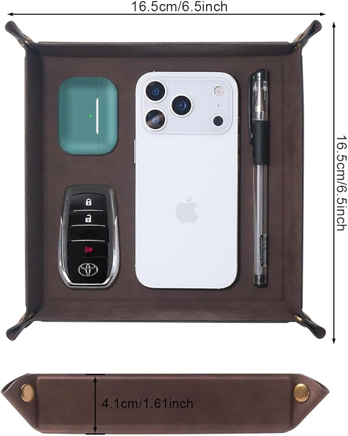 Valet Tray Desktop Storage Organizer – Premium PU Leather Catchall Bedside Vanity Tray Nightstand Caddy Holder for Remote Controller, Keys, Phone, Wallet, Coin, Jewelry,Brown