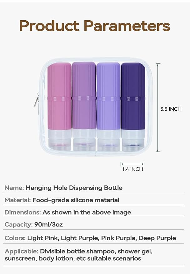 5 packs of toiletries travel bottles, TSA Approval silicone travel containers, leak proof refillable shampoo and conditioner are essential for travel, fitness, business trips, office use(purple)